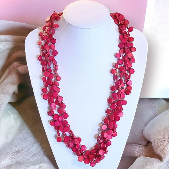 Pink Multi Strand Wood Disc Beaded Necklace Beach Boho 26" - Picture 1 of 2